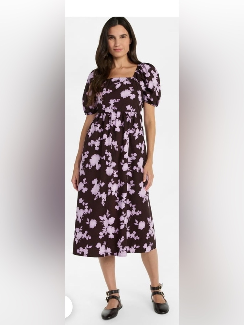 Square Neck Puff Sleeve Midi Dress in Lavender Floral